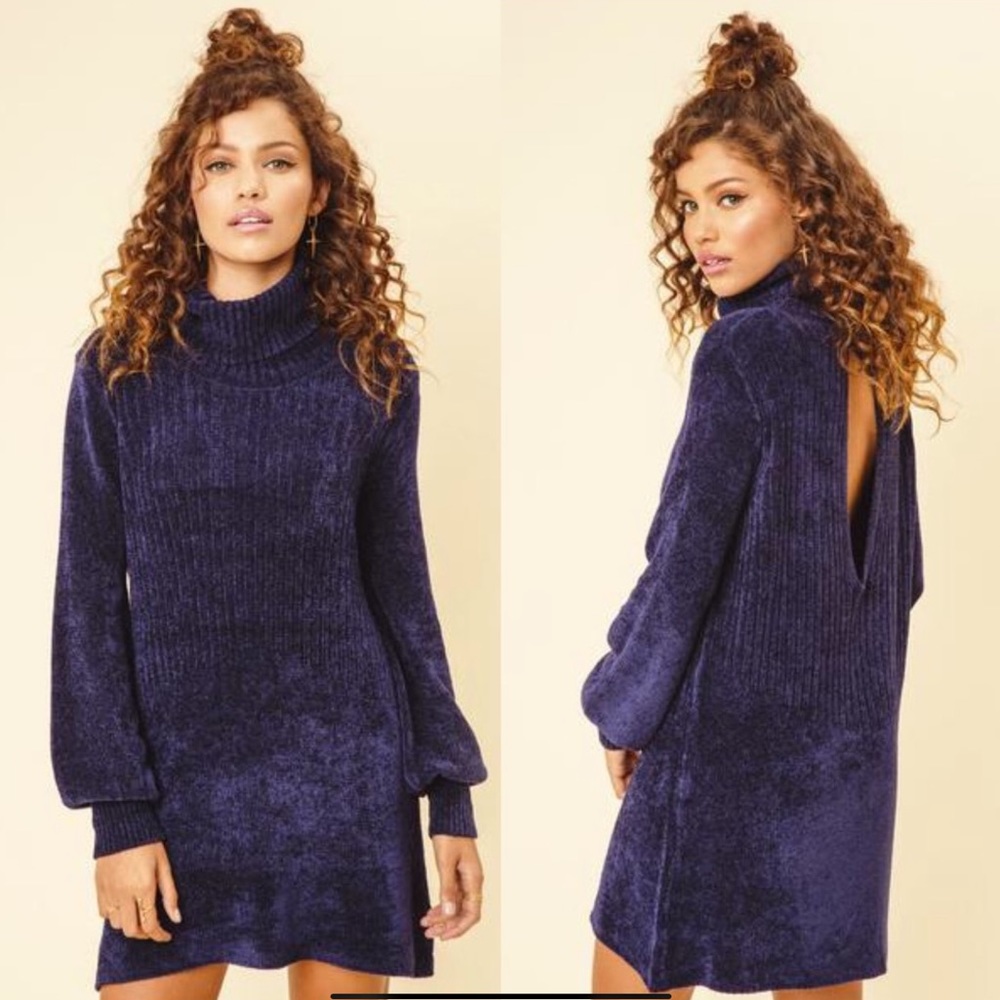 Free People New Moon Chenille Long Sleeve Tunic Mini Dress Midnight Blue
